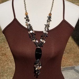 Bead/Stone Artisan Necklace Black Amber Ivory EUC